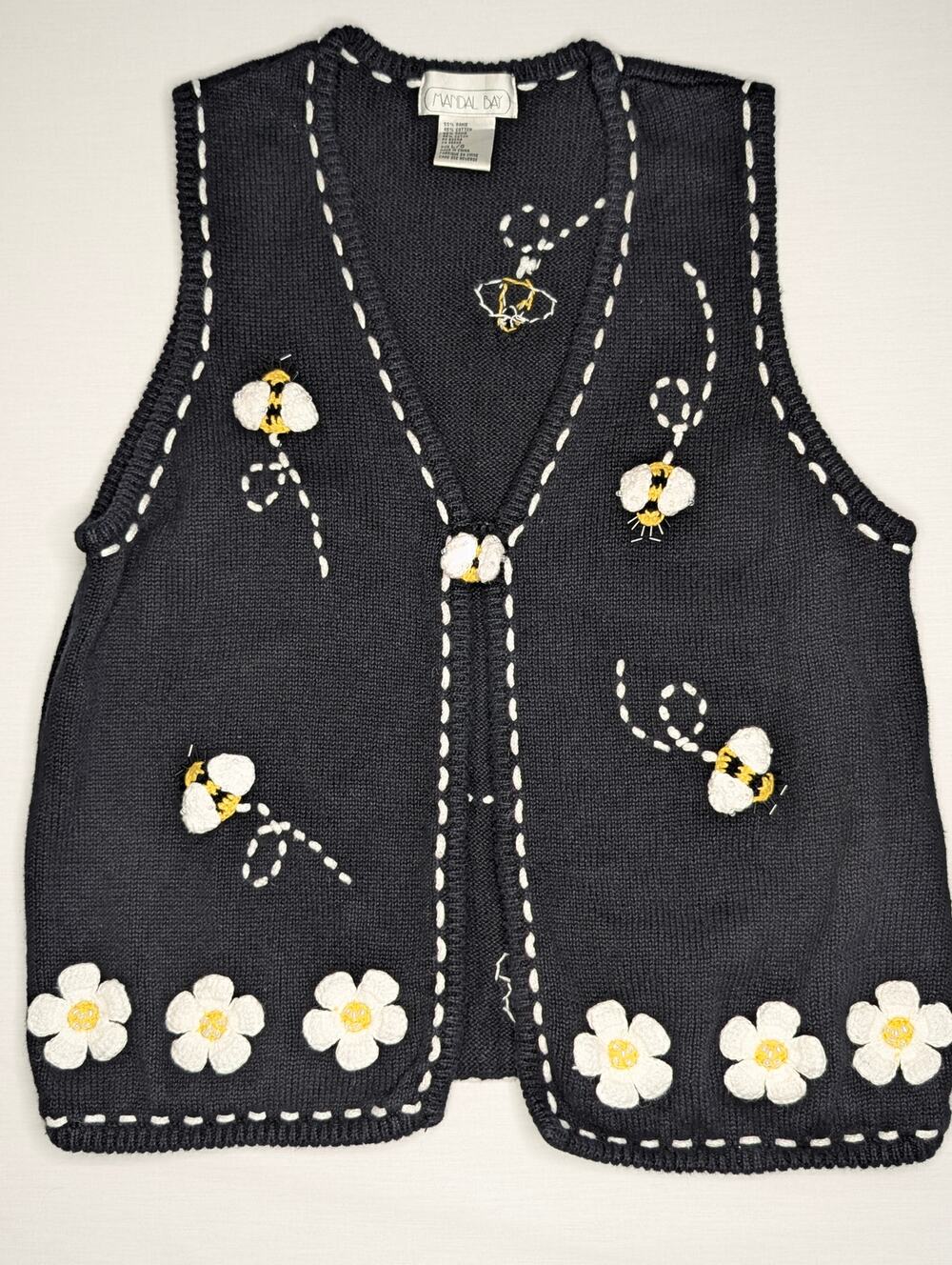 Mandal Bay Vintage 90s Knit Vest Lrg Cottagecore Beaded Bumble Bee Daisy Floral - Picture 1 of 12